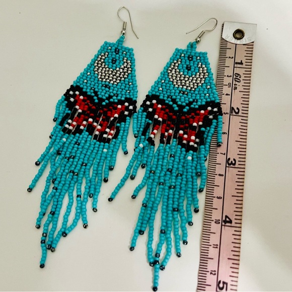 Last 2! Aqua Beaded Moon Butterfly Tassel Boho Earrings! - Picture 6 of 6
